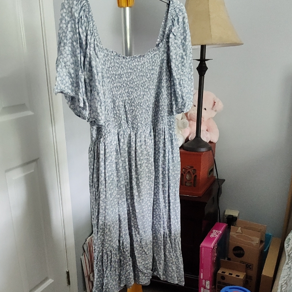 Blue and Gray Smocked Midi Sundress with Flutter Sleeves